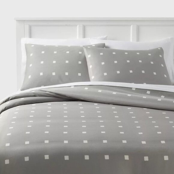 Room Essentials Gray & White Squares Cotton Sateen Twin Duvet & Sham Set NWOT - Picture 1 of 5